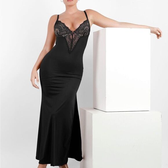 POPILUSH The Shapewear Dress Lace Slip Split Maxi black Size M NWT in packaging‎ - Picture 4 of 8